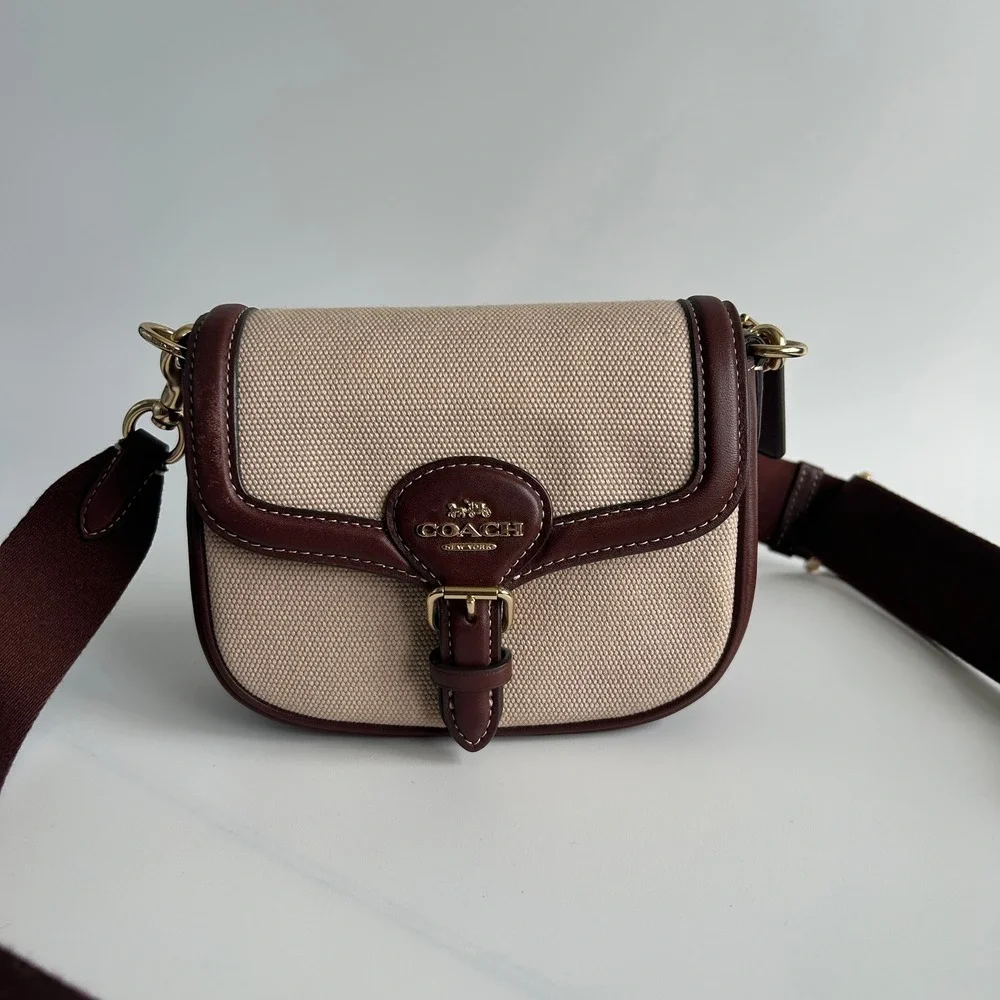 Coach Amelia Small Saddle Bag Burgundy Canvas Leather Excellent